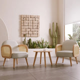 White Leather Wood Frame Fixed Back Rattan Arm Chair Image - 1