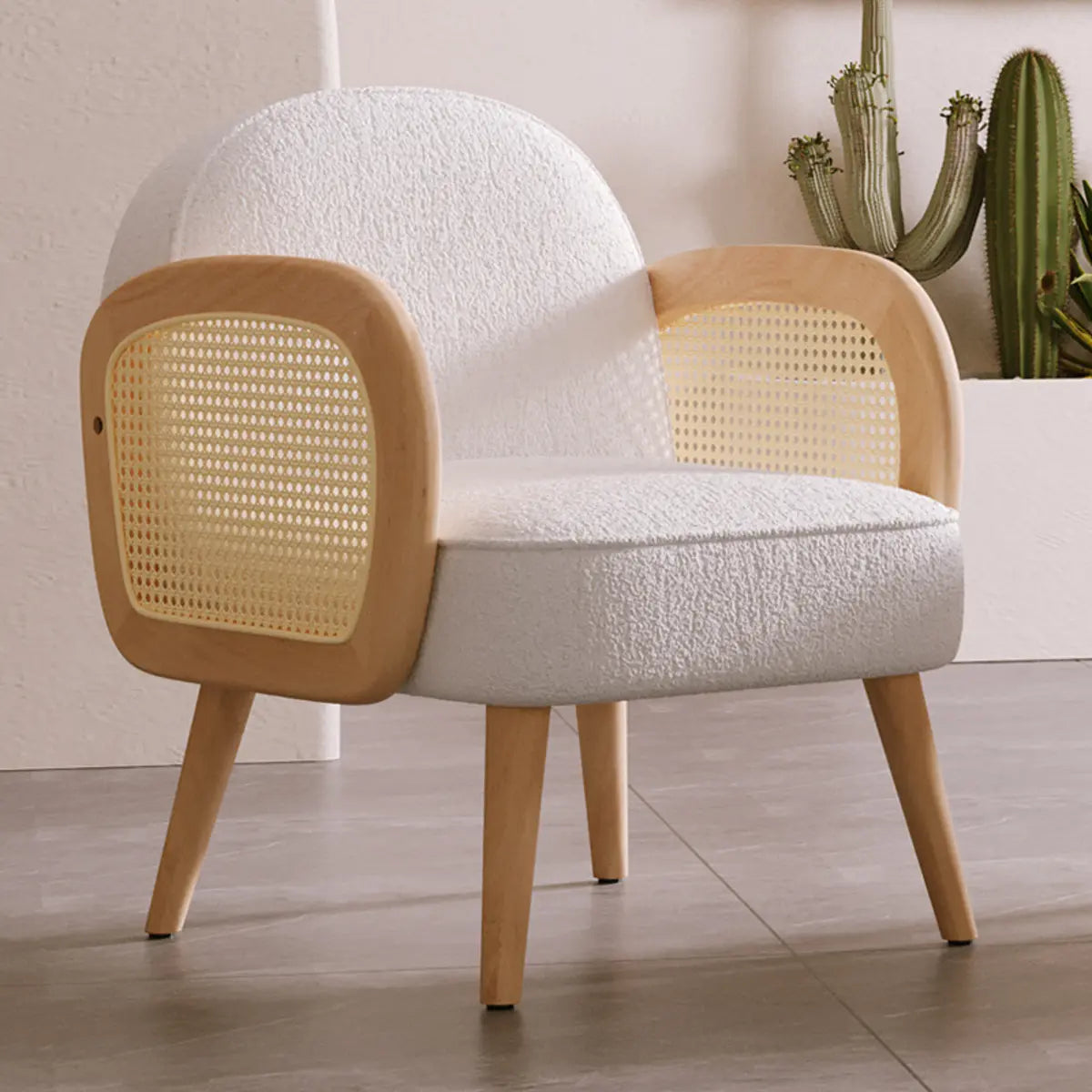 White Leather Wood Frame Fixed Back Rattan Arm Chair Image - 13