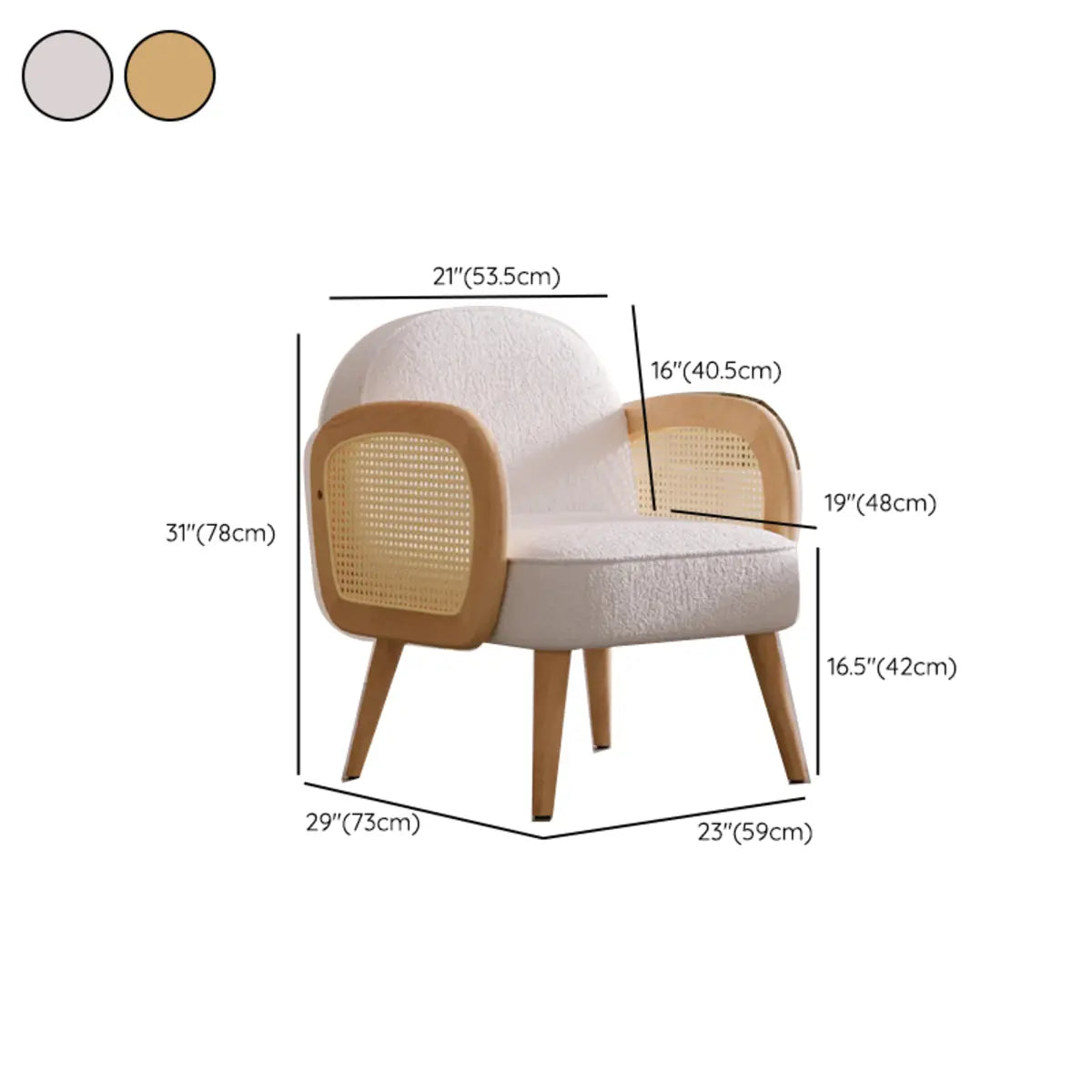 White Leather Wood Frame Fixed Back Rattan Arm Chair Image - 16