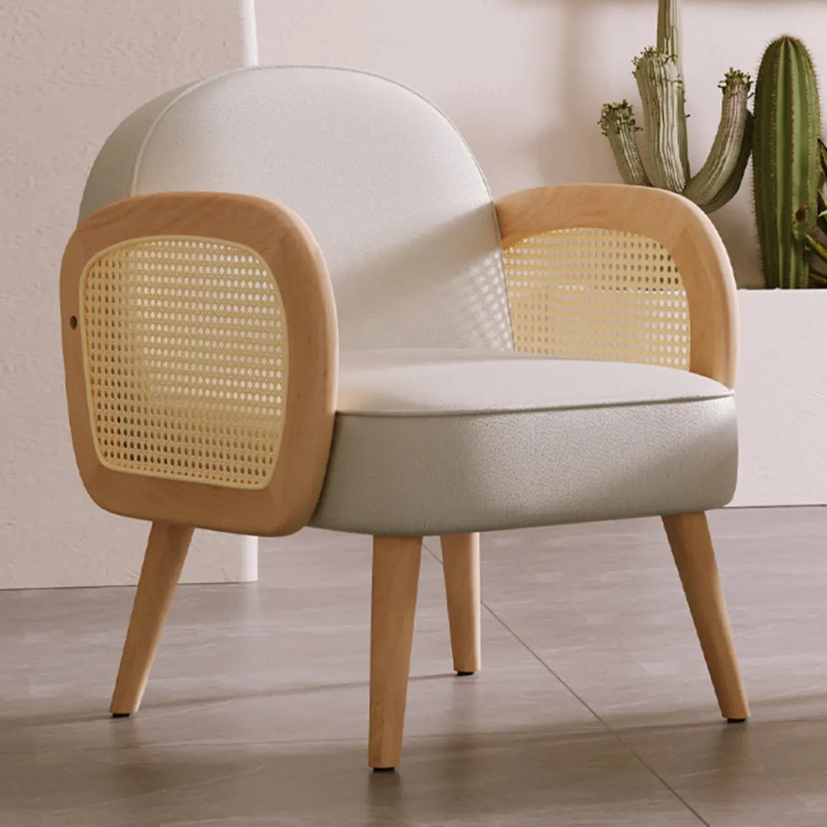 White Leather Wood Frame Fixed Back Rattan Arm Chair Image - 9