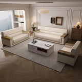 White Leather Wooden Frame Rectangular Sofa with Arms Image - 1