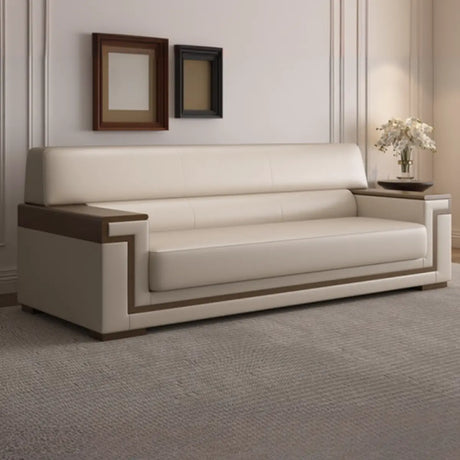 White Leather Wooden Frame Rectangular Sofa with Arms Image - 5