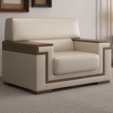 White Leather Wooden Frame Rectangular Sofa with Arms Image - 2