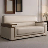 White Leather Wooden Frame Rectangular Sofa with Arms Image - 3