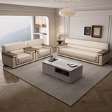 White Leather Wooden Frame Rectangular Sofa with Arms Image - 4