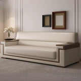 White Leather Wooden Frame Rectangular Sofa with Arms Image - 9