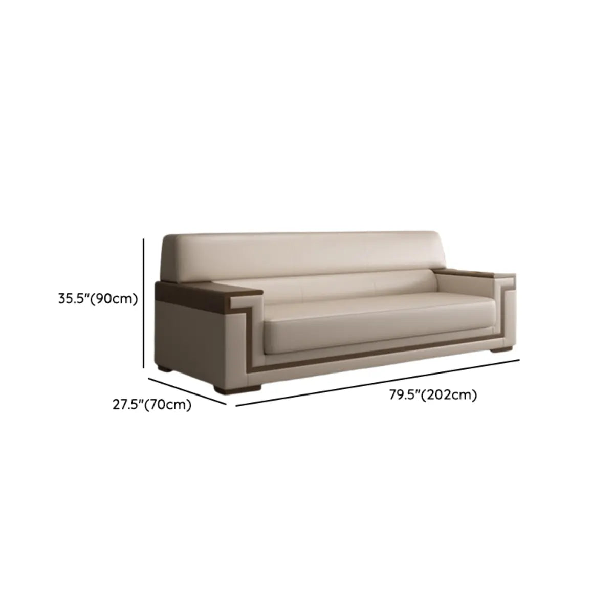 White Leather Wooden Frame Rectangular Sofa with Arms Image - 12