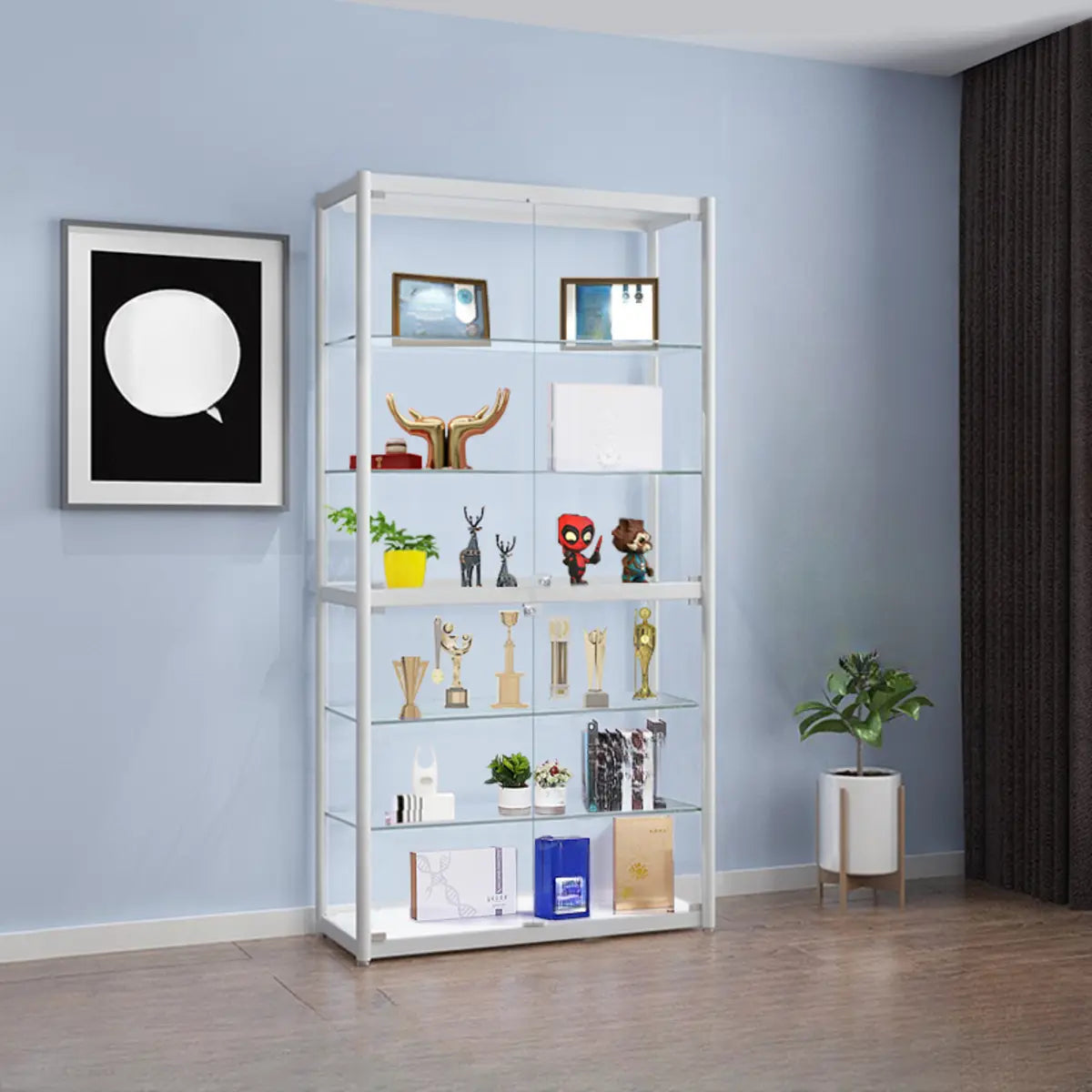 White Living Room 5 Shelves Glass Curio Display Cabinet Image - 14