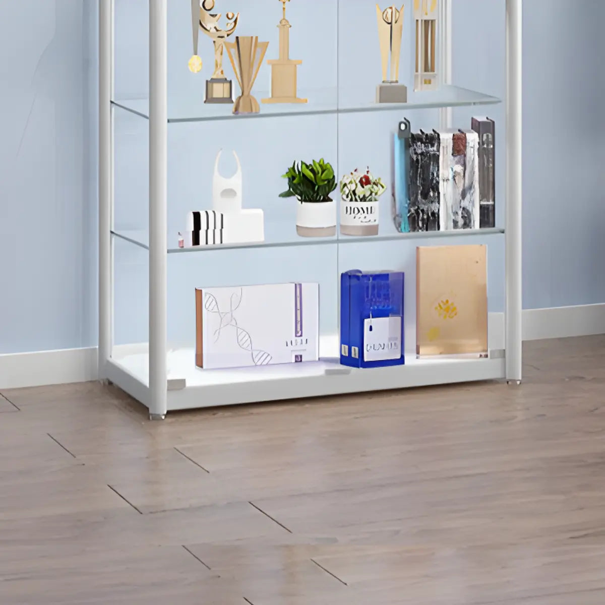 White Living Room 5 Shelves Glass Curio Display Cabinet Image - 6