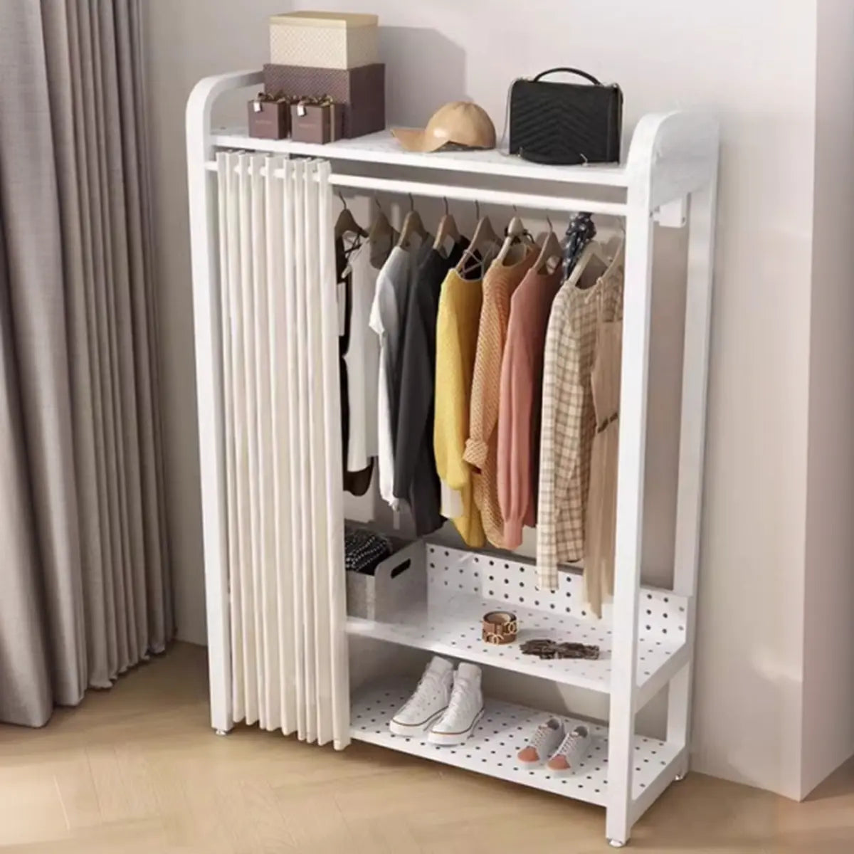 White Metal Freestanding Shelves Organizer Coat Rack Image - 4