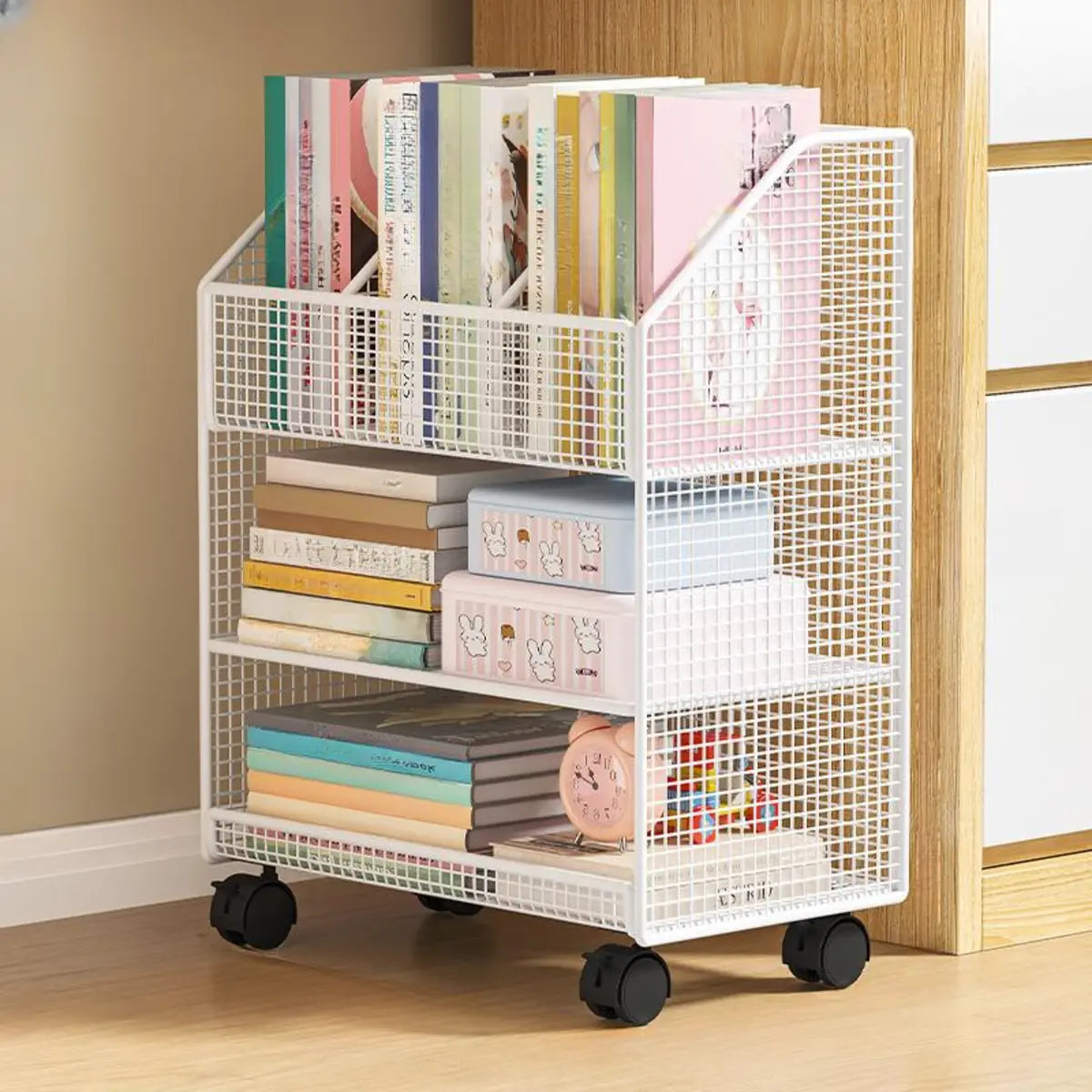 White Metal Mesh Three-Tier Shelves Utility Cart Image - 2