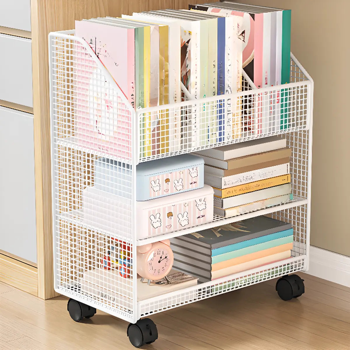 White Metal Mesh Three-Tier Shelves Utility Cart Image - 3