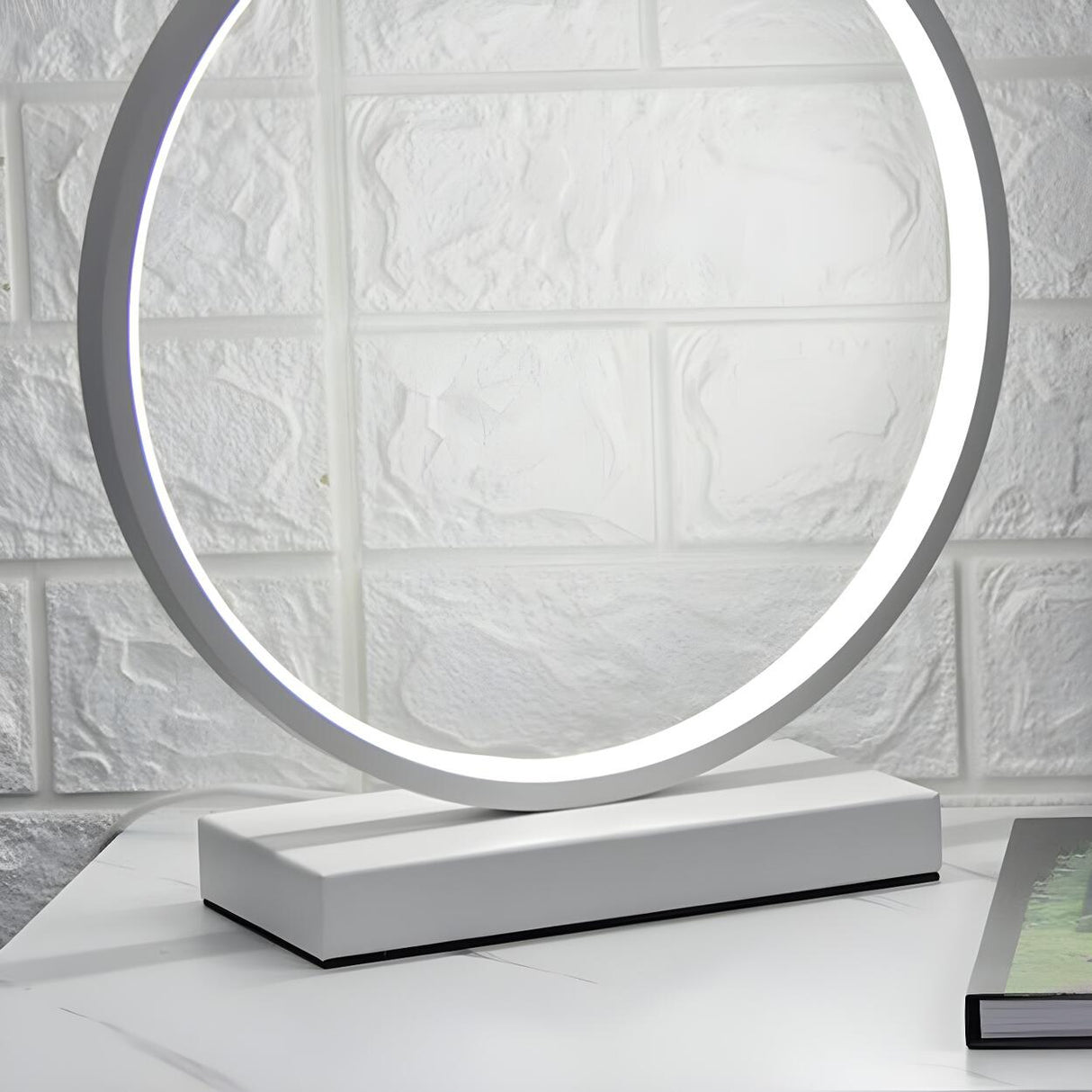 White Minimalism Circular LED Metal Frame Table Lamp Image - 11