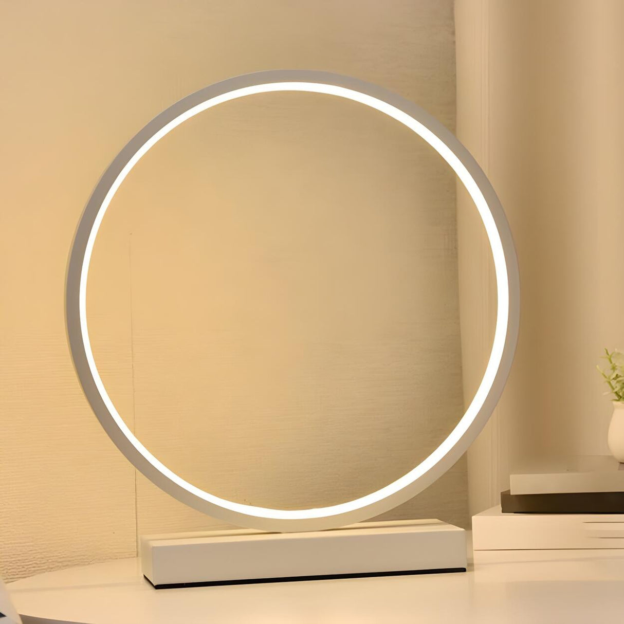 White Minimalism Circular LED Metal Frame Table Lamp Image - 13