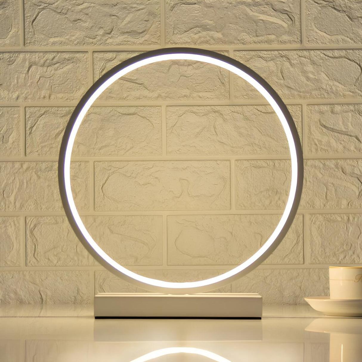 White Minimalism Circular LED Metal Frame Table Lamp Image - 15