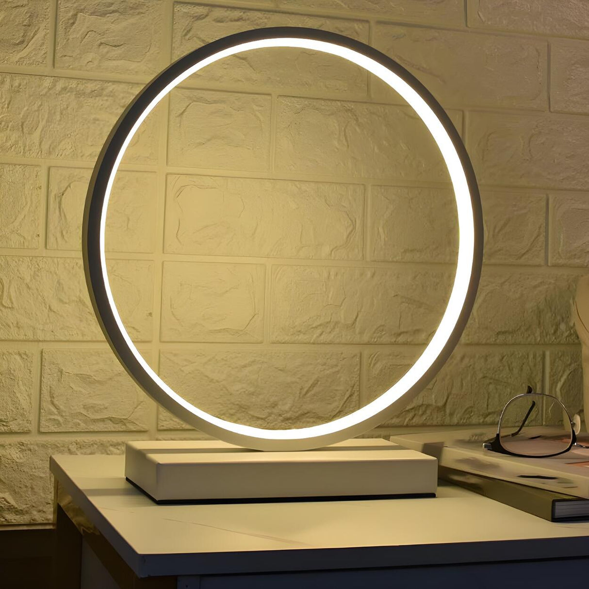 White Minimalism Circular LED Metal Frame Table Lamp Image - 17