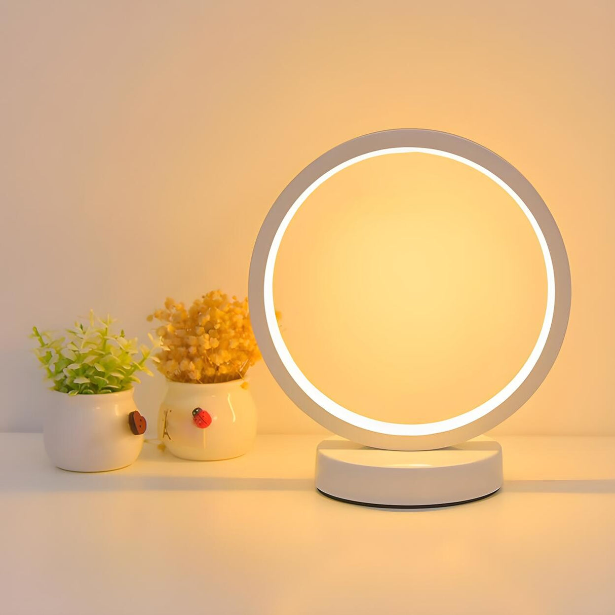 White Minimalism Circular LED Metal Frame Table Lamp Image - 5