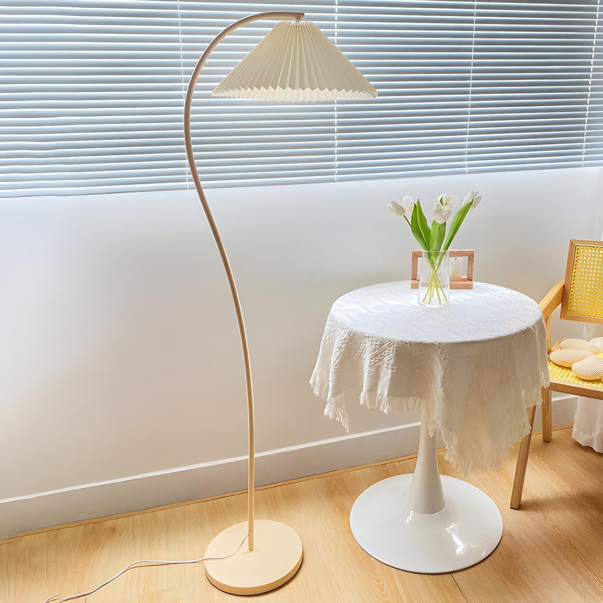 White Minimalist Curved Floor Lamp with Pleated Shade Image - 1