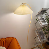 White Minimalist Curved Floor Lamp with Pleated Shade Image - 2