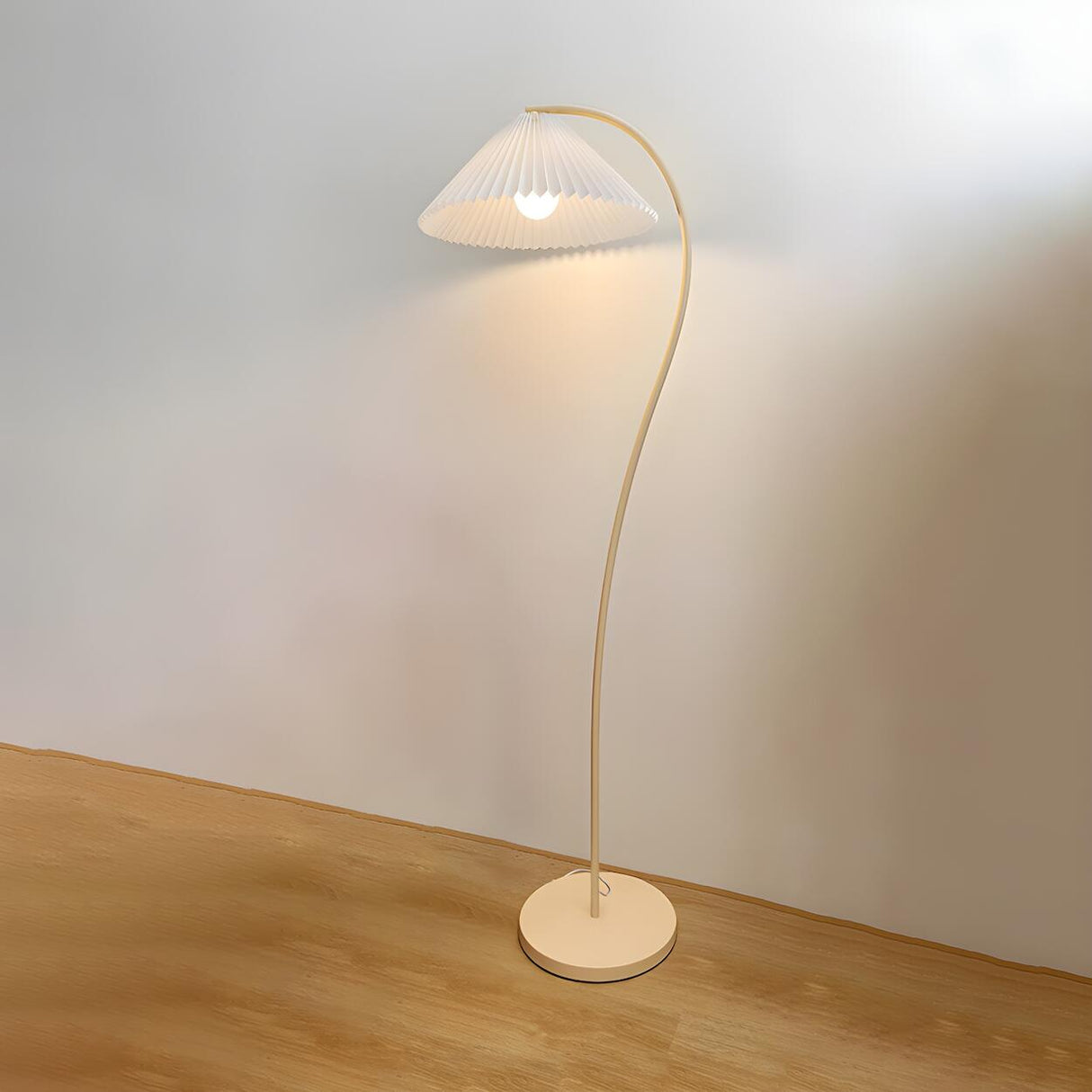 White Minimalist Curved Floor Lamp with Pleated Shade Image - 6