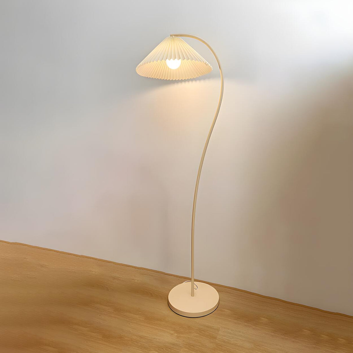 White Minimalist Curved Floor Lamp with Pleated Shade Image - 7