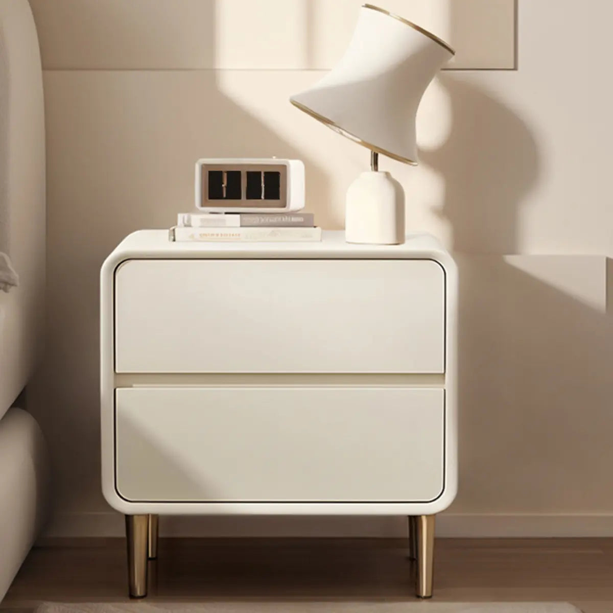 White Minimalist Square Wood Drawer Storage Nightstand Image - 1