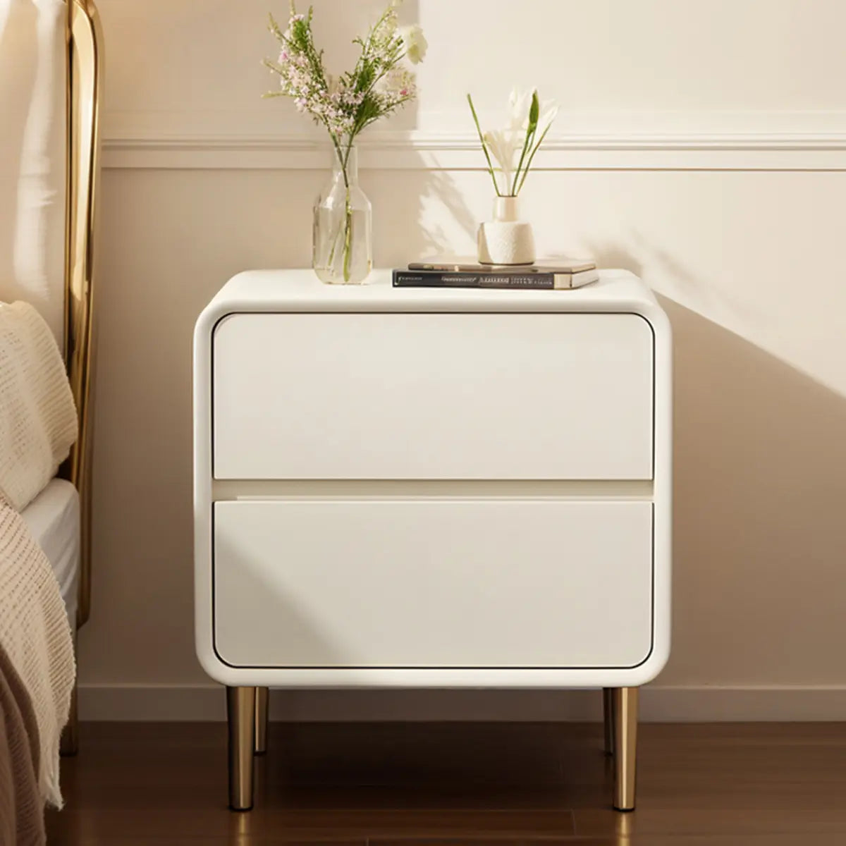 White Minimalist Square Wood Drawer Storage Nightstand Image - 6