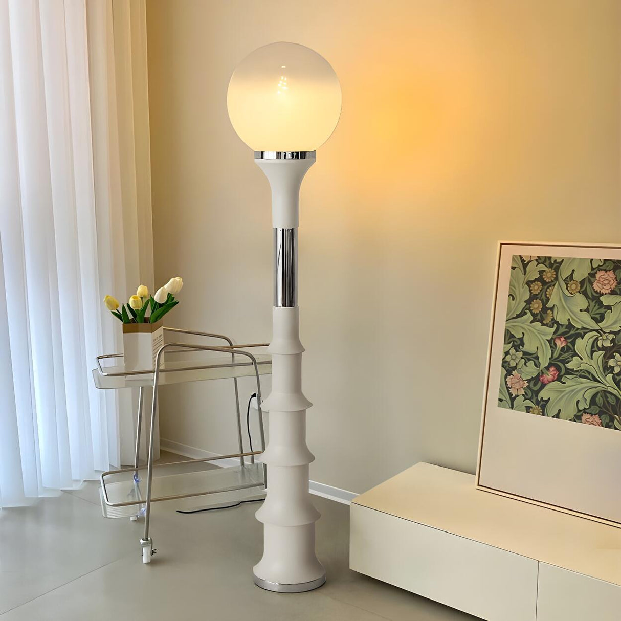 White Modern Geometric Globe Metal LED Floor Lamp Image - 3