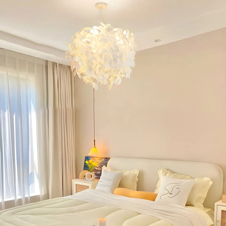 White Modern Leaf Chandeliers Bedroom Adjustable Height Image - 1