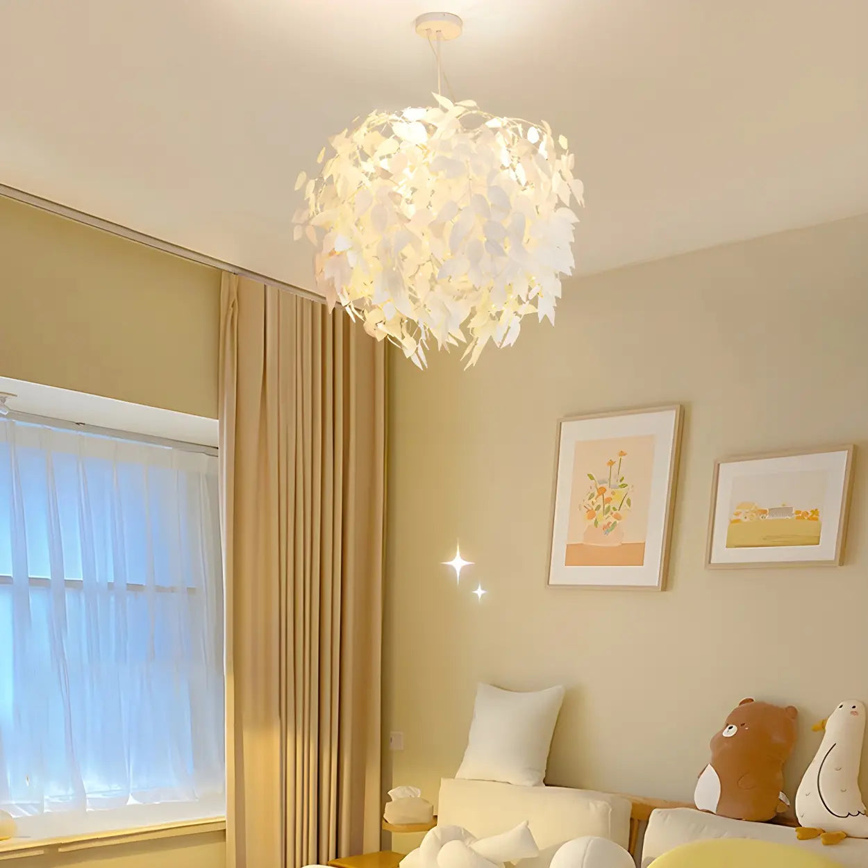 White Modern Leaf Chandeliers Bedroom Adjustable Height Image - 3