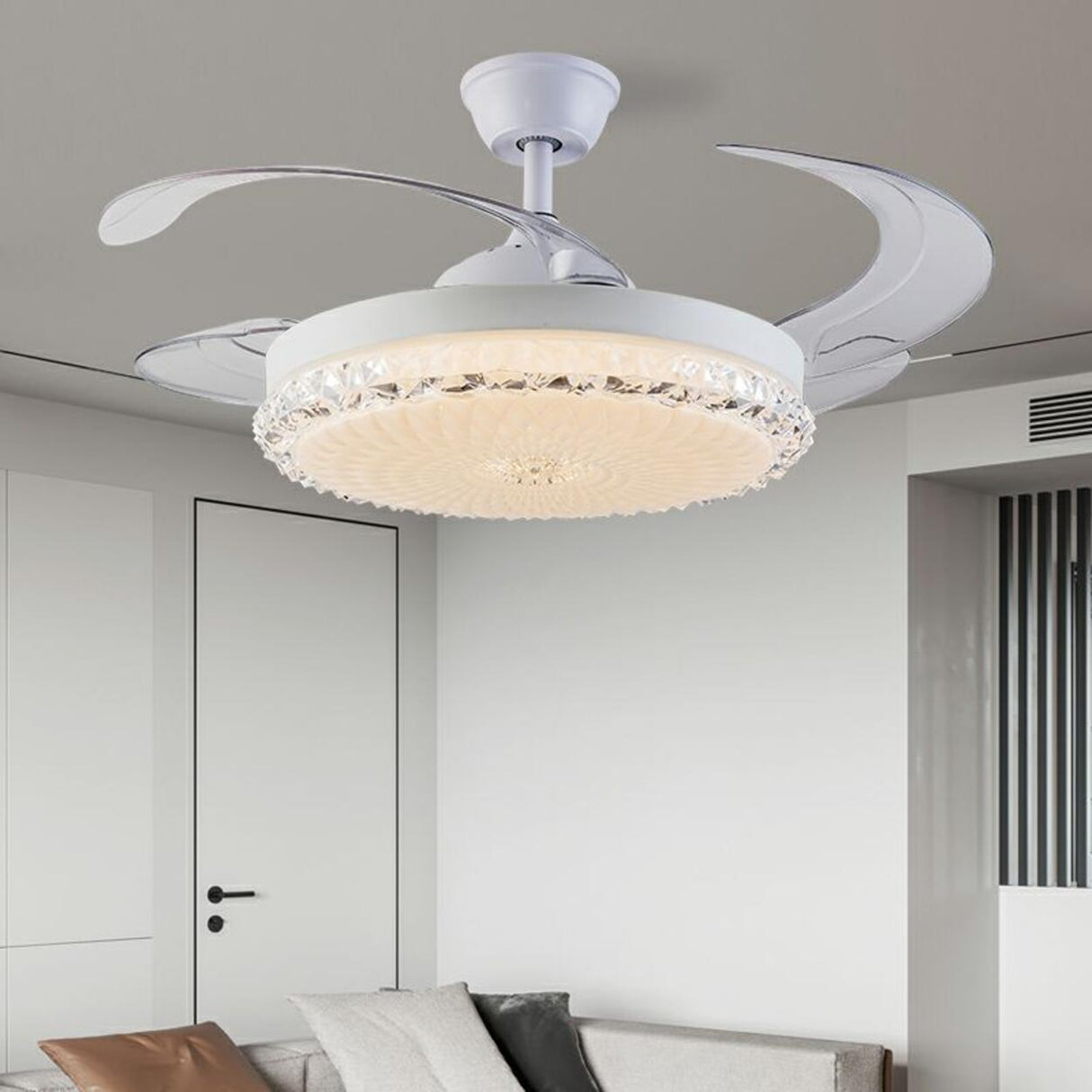  White Modern Minimalist Round 4-Blade Ceiling Fan Light Image - 4