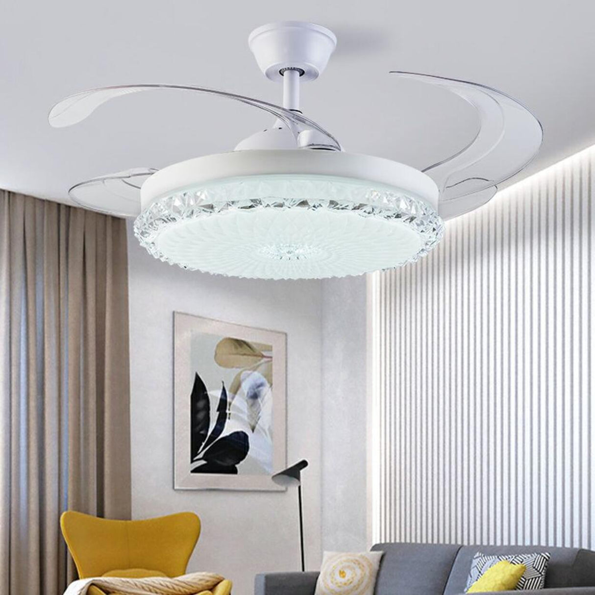  White Modern Minimalist Round 4-Blade Ceiling Fan Light Image - 6