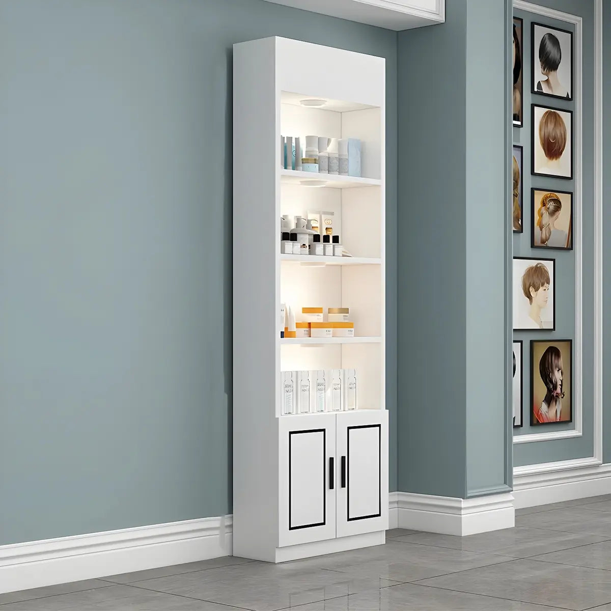 White Modern Rectangle Wood Open Display Large Cabinet Image - 9