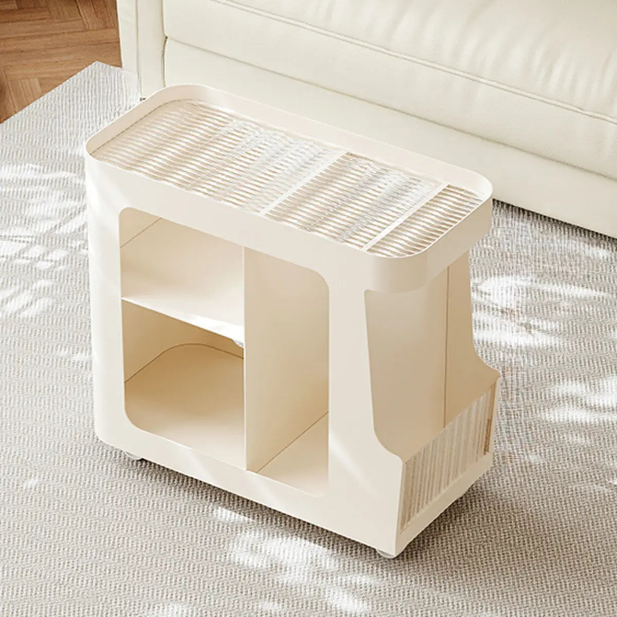 White Modern Rectangular Wood Swivel End Table with Wheels Image - 3