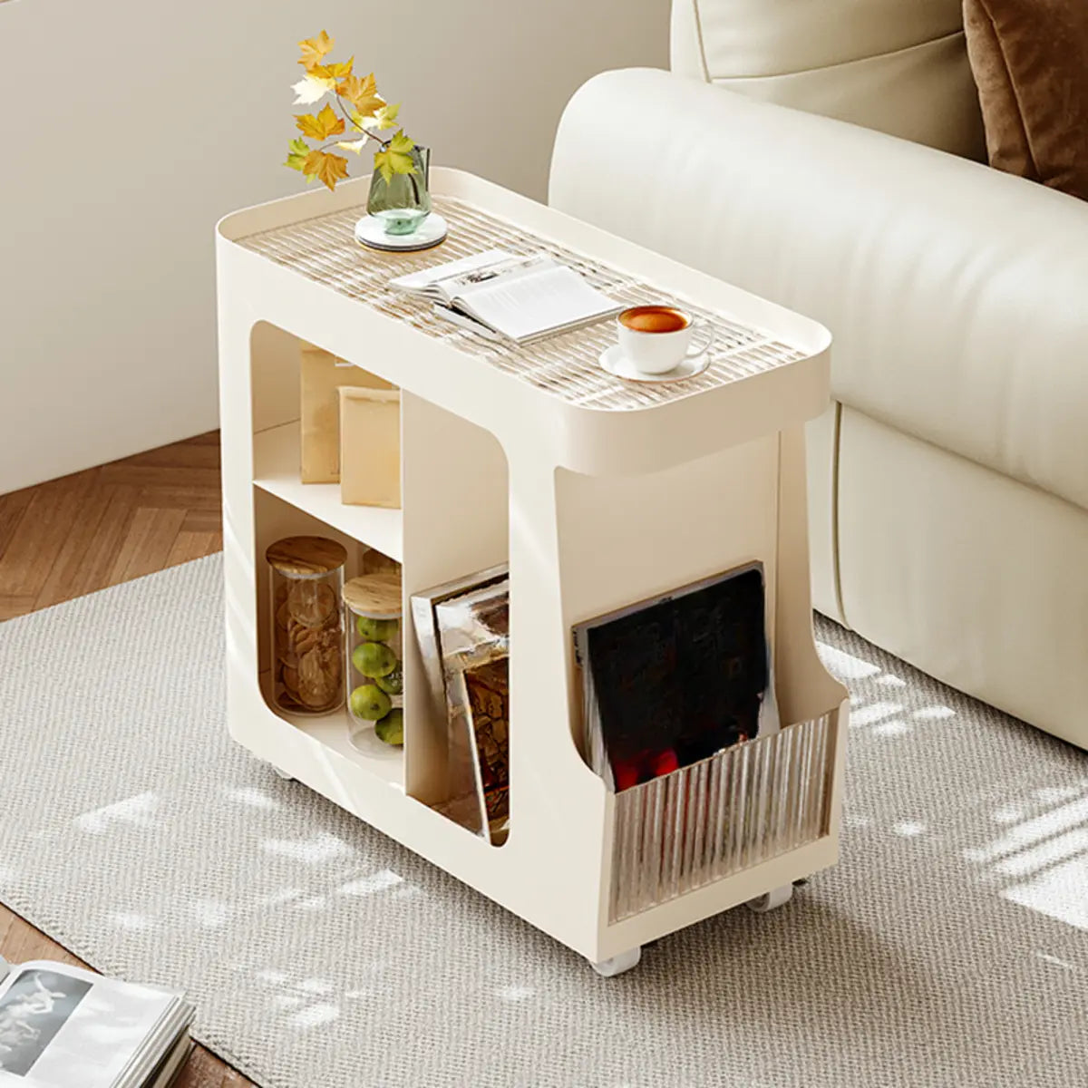 White Modern Rectangular Wood Swivel End Table with Wheels Image - 4