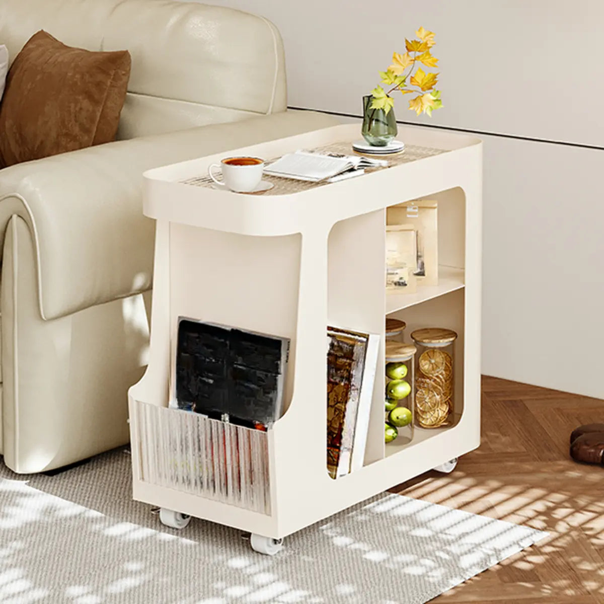 White Modern Rectangular Wood Swivel End Table with Wheels Image - 6