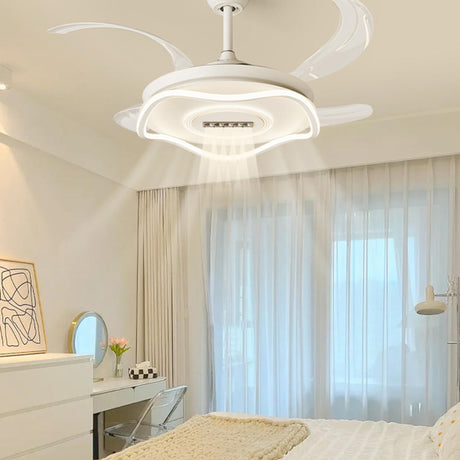 White Modern Retractable Blade Ceiling Fan with Light Image - 1