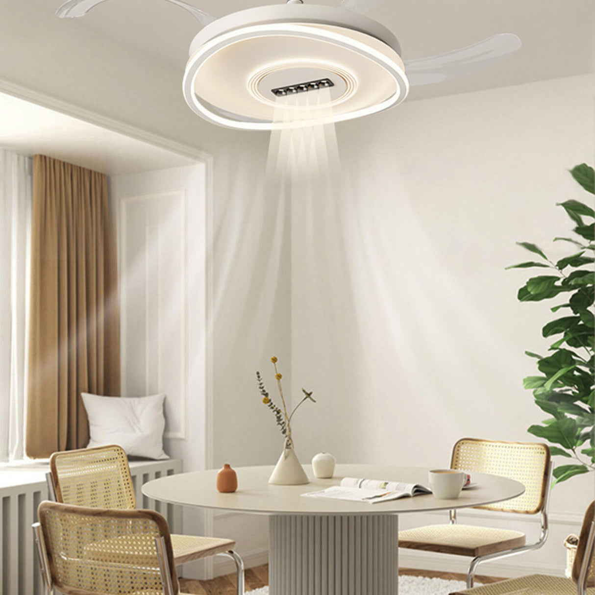 White Modern Retractable Blade Ceiling Fan with Light Image - 16