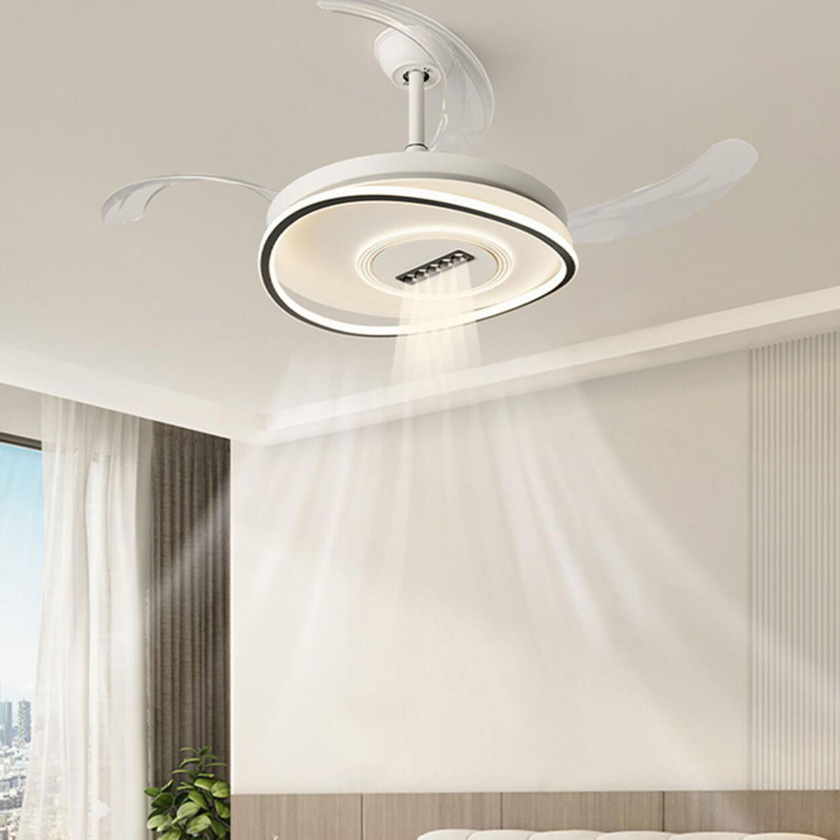 White Modern Retractable Blade Ceiling Fan with Light Image - 17