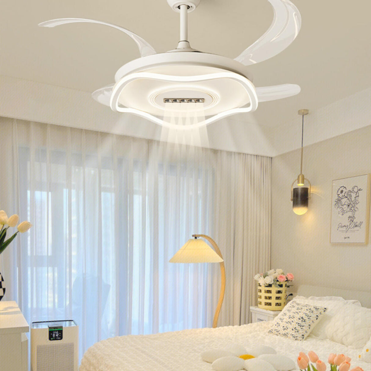 White Modern Retractable Blade Ceiling Fan with Light Image - 2