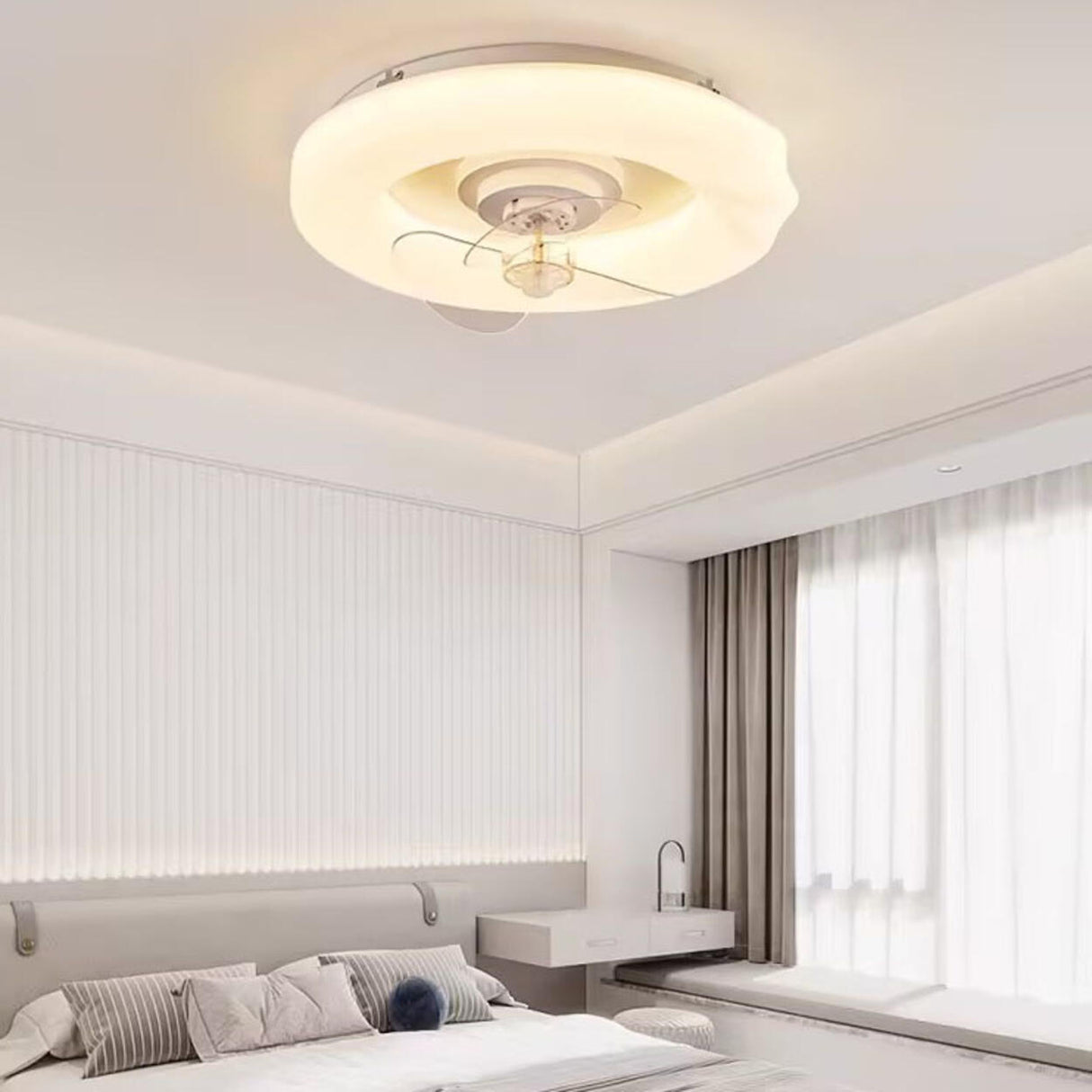 White Modern Round Remote Control Ceiling Fan Light Image - 4