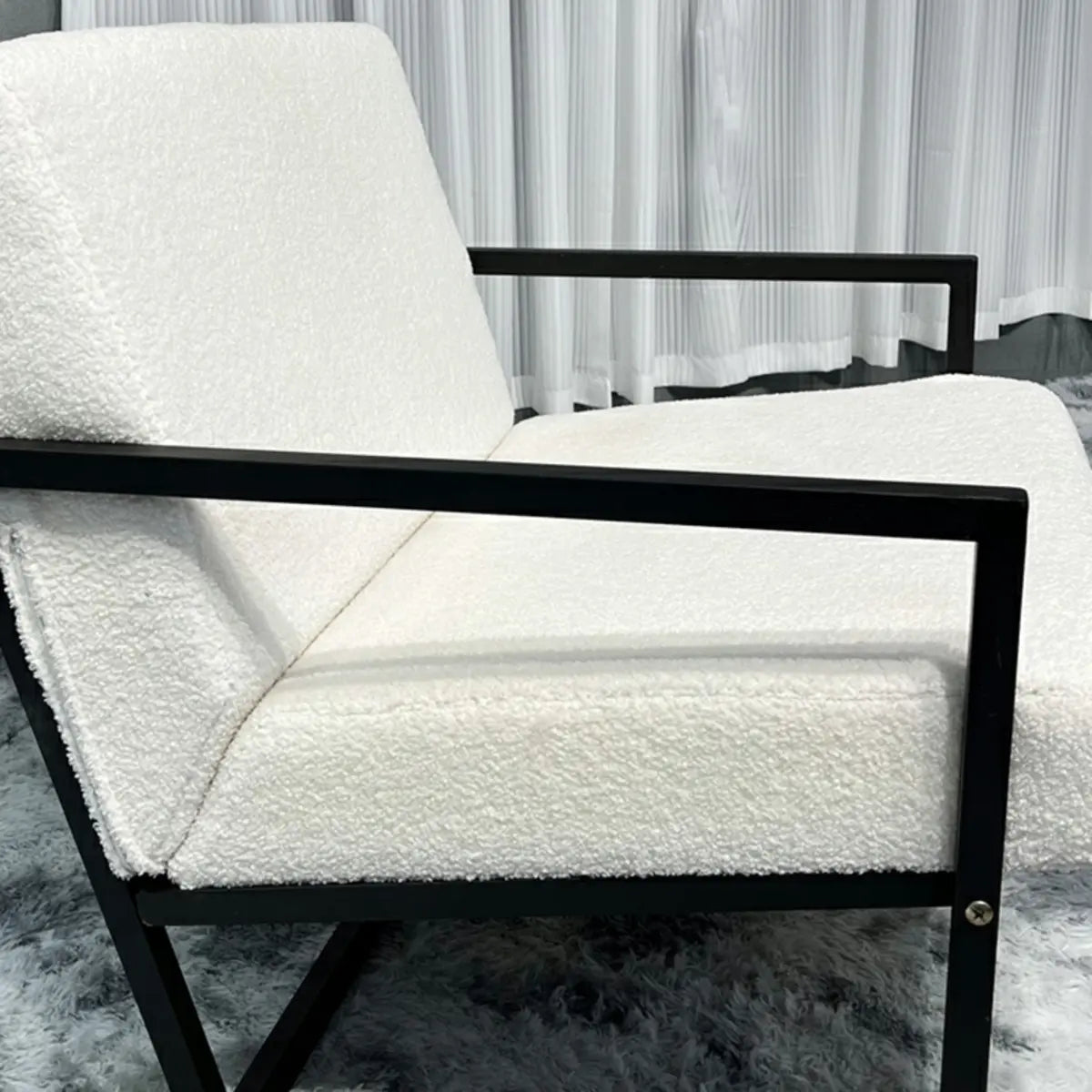 White Mohair Fixed Back Metal Square Arm Sled Arm Chair Image - 2