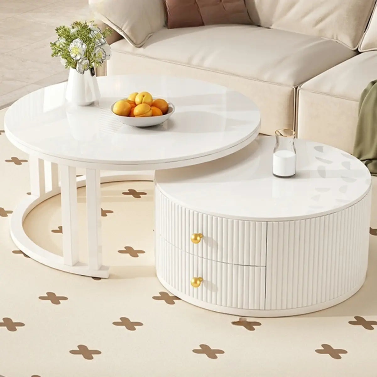 White Nesting Round Stone Drawers Frame Coffee Table Image - 15