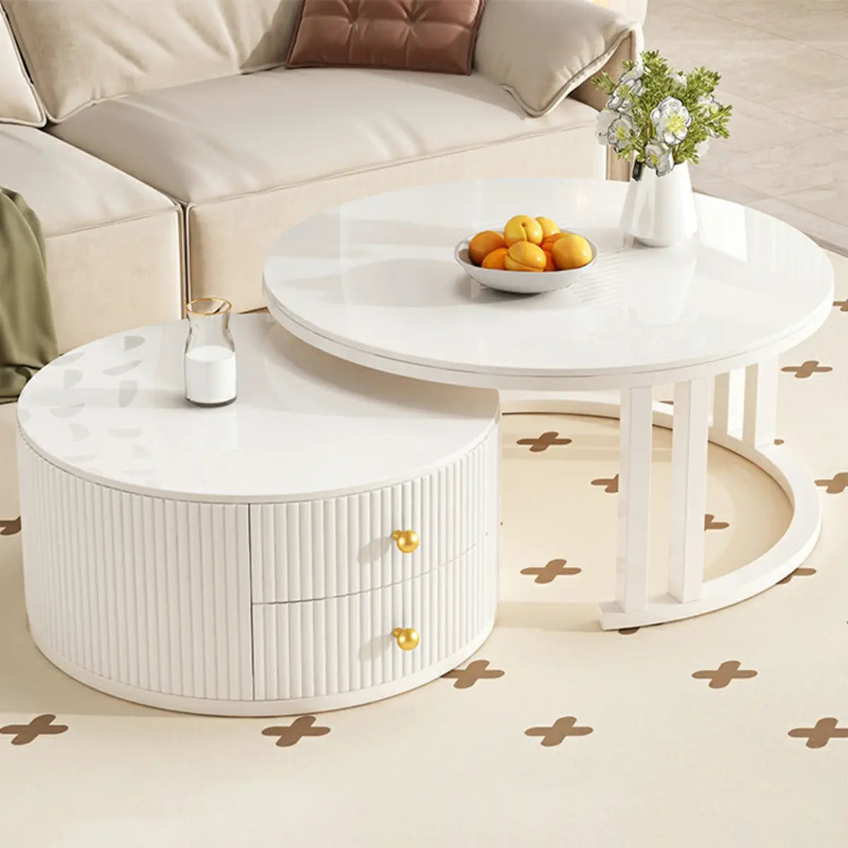 White Nesting Round Stone Drawers Frame Coffee Table Image - 2