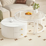 White Nesting Round Stone Drawers Frame Coffee Table Image - 5