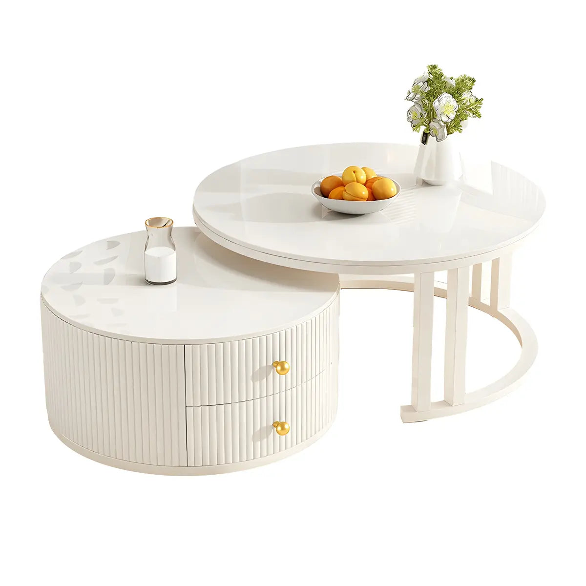 White Nesting Round Stone Drawers Frame Coffee Table Image - 9