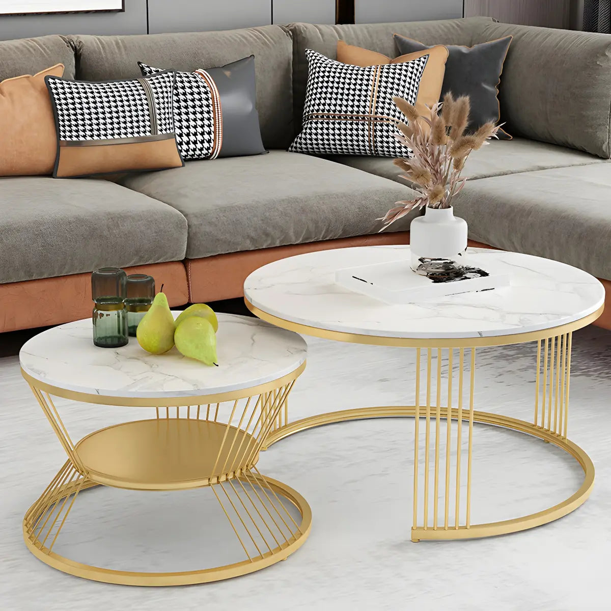 White Nesting Stone Round Gold Iron Frame Coffee Table Image - 1