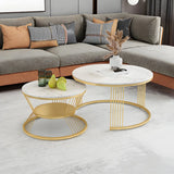 White Nesting Stone Round Gold Iron Frame Coffee Table Image - 2