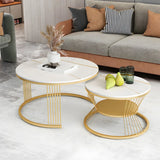 White Nesting Stone Round Gold Iron Frame Coffee Table Image - 4