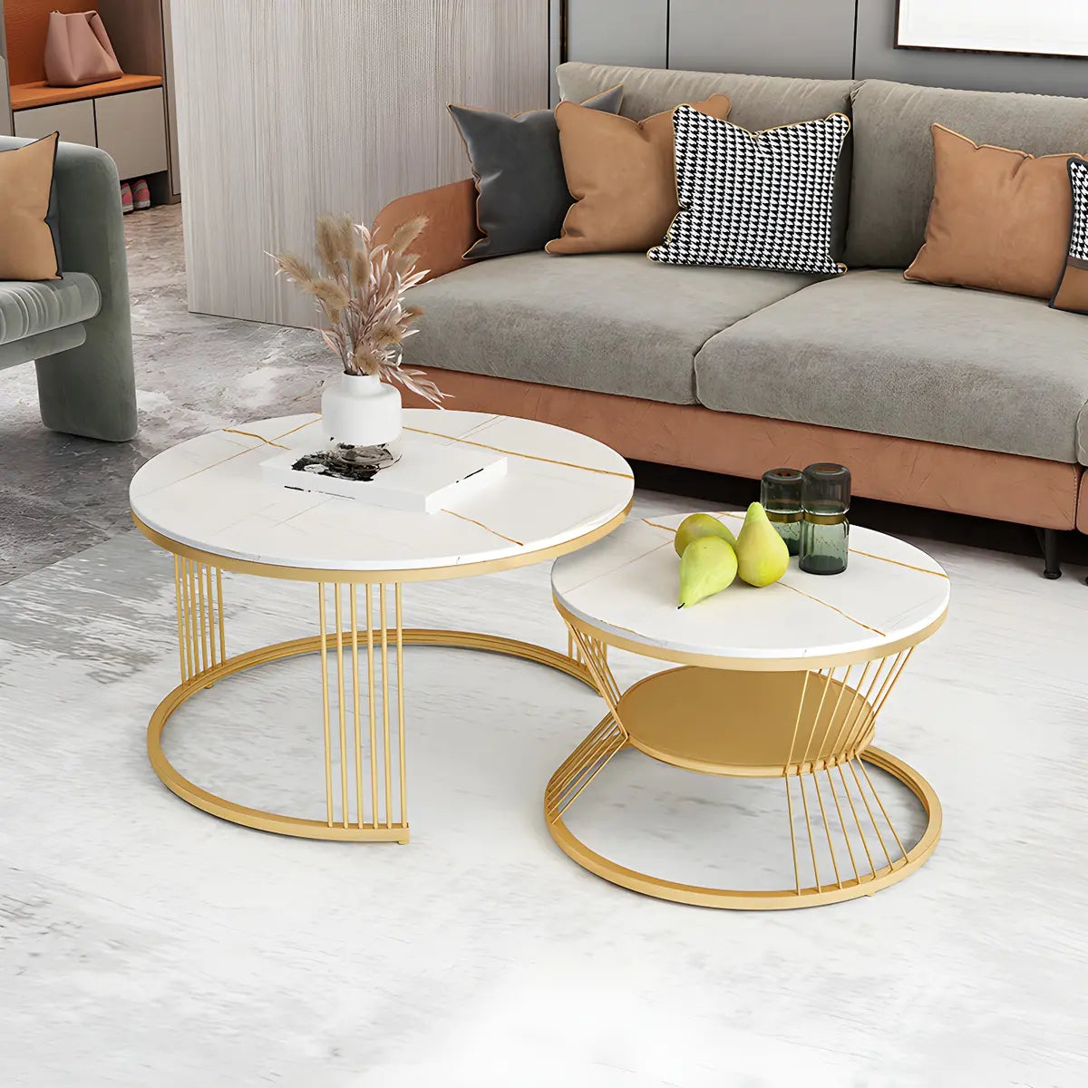 White Nesting Stone Round Gold Iron Frame Coffee Table Image - 5